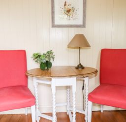 A small wooden table with a lamp and plant between two red chairs in a room at Orchard Burlawn near Wadebridge