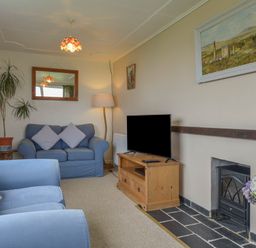 A living room with blue sofas a television on a wooden stand a floor lamp a fireplace and paintings at The Quillet in Pendeen