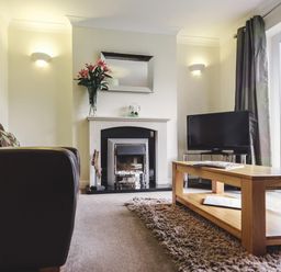 A living room with a brown leather sofa a wooden coffee table a TV and a fireplace at Ladybird in Bridgwater