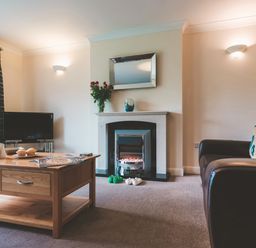A living room with a wooden coffee table a television a fireplace with a mirror and flowers and leather sofas at Dragonfly in Bridgwater