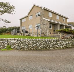 A two-story house with a stone wall in front and a tree on the lawn at Hendre Wylan in Llanaber