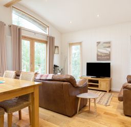 A living room with brown leather sofas a wooden dining table chairs a television and large windows at 6 Lake View Lanreath