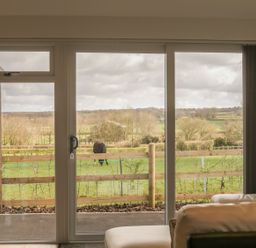 A living room with a white sofa and wooden chairs overlooking a green field with a horse at Upham View in Woodbury