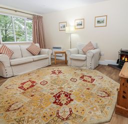 A living room with sofas, armchair, patterned rug, wood-burning stove, lamp, and wooden TV stand at The Cottage At Barrow Mead in Bath