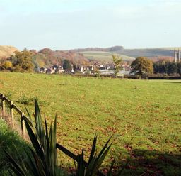 A green field with a wooden fence and a town in the distance with hills and trees at The Folly at Castlebridge in Mere