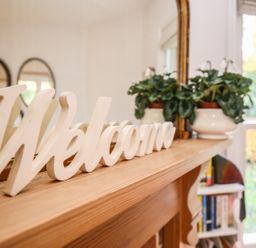 A welcome sign on a wooden mantelpiece with a potted plant and a mirror in a room at East Lodge in Rockbourne
