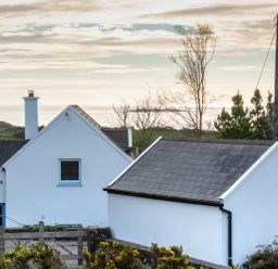 A view of white houses with gray roofs near the coast with a telephone pole and trees at The Schooner in Goleen County Cork