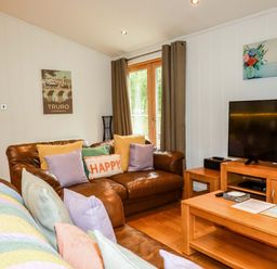 A living room with brown leather sofas and colorful cushions a wooden TV stand with a flat screen TV and a coffee table at 6 Streamside Lanreath