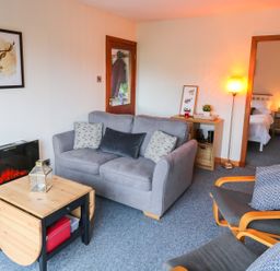 A living room with a gray sofa a wooden coffee table a fireplace and a chair at Kestrel Lodge in Dumfries