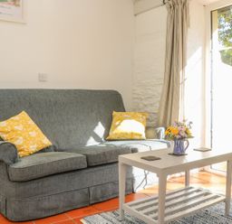 A sitting area with a gray sofa with yellow pillows a white coffee table with flowers and a glass door letting in sunlight at The Daffodil Shed in Bere Alston