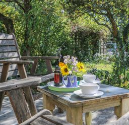 An outdoor seating area with wooden chairs and a table with teacups and a vase of flowers at The Daffodil Shed in Bere Alston