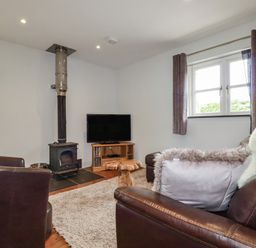 A living room with a wood stove and television at The Smithy in Blisland