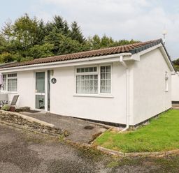 A white single-story house with outdoor table and chairs on a paved area surrounded by grass at Ducks Ditty in Liskeard