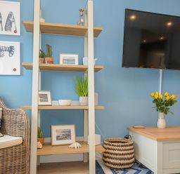 A living area with blue walls featuring a wicker chair with cushions a wooden shelf with plants and framed pictures a wicker basket a TV mounted on the wall and a wooden coffee table with a vase of yellow flowers at Coastal Haven in Crackington near Crackington Haven