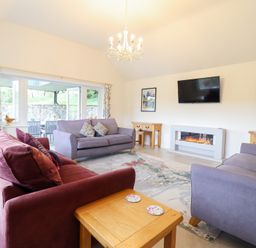 A living room with sofas a fireplace a television and a wooden table at Ochr Y Garth in Maenan