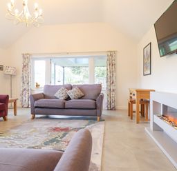 A living room with sofas a television and an electric fireplace at Ochr Y Garth in Maenan
