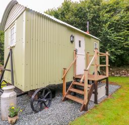 A shepherds hut with steps and railing outside surrounded by grass and trees at Shepherds Hut - The Crook in Rosemarket near Neyland