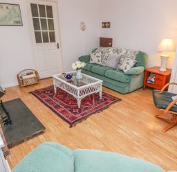 A living room with a green couch a glass coffee table on a red rug and a wooden armchair at Phenests in Falmouth