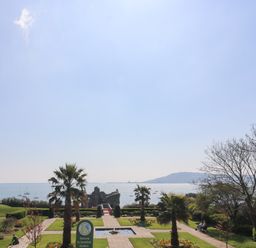 A garden with palm trees pathways and a pond overlooking the sea and distant hills at Lookout in Cove Castle