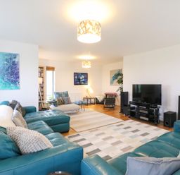 A living room with teal leather sofas two rugs a flat screen TV on a stand and abstract wall art at Osprey House Portland
