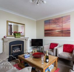 A living room with a fireplace a mirror and flowers two armchairs with red cushions a television and a wooden coffee table with glasses and a bottle at Redcliff View Lodge in Weymouth