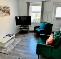 A living room with two green armchairs with cushions a TV on a stand and a white low shelf on a rug with a painting on the wall at Rockpools in Weymouth
