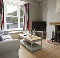 A living room with a sofa a coffee table a television and a wood stove at Crab Cottage in Salcombe