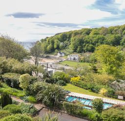 A garden with various plants and bushes a rectangular swimming pool and houses near a forested hillside at The Hoot 16 St Elmo Court in Salcombe