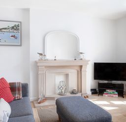 A living room with a fireplace television sofa and cushions at Lower Fernlea in Salcombe