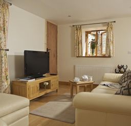 A living room with a sofa, wooden TV stand, TV, small coffee table with tea set, floral curtains, and a window with flowers at Meadow View in Modbury