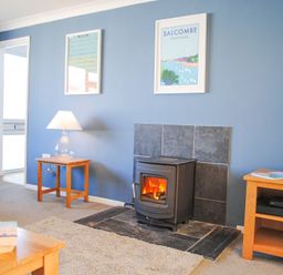 A living room with a wood stove fireplace a lamp on a side table a television and framed prints on a blue wall at Rock Point in Salcombe