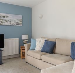 A living room with a beige sofa with blue and white pillows a black TV on a stand a wooden side table with a lamp and flowers and a radiator on a blue and white wall at Stable End Cottage Malborough