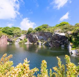 A quarry lake surrounded by cliffs and greenery at Mellydonen Beder Del (Melly), Tor Down Quarry in St Breward