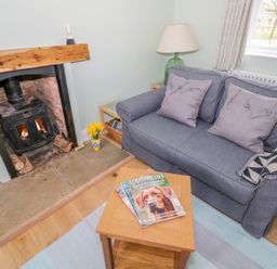 A living room with a wood-burning stove a gray sofa with cushions a wooden coffee table with magazines and a table lamp at Wigrams Canalside Cottage Napton-on-the-Hill