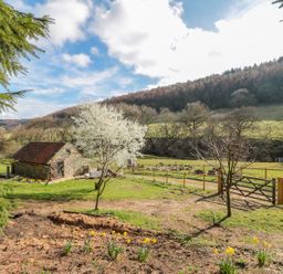 A stone barn with a tiled roof in a grassy field with blooming trees and a wooden fence at Thompson Rigg Barn in Langdale End near Thornton Dale