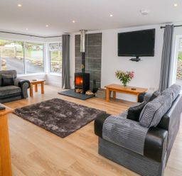 A living room with two sofas a wood burning stove a television on the wall and flowers on a table at Llwyd Coed Canol in Llanllyfni near Penygroes