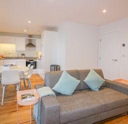 A modern living room with a gray sofa and two blue cushions next to a dining table and kitchen at Onshore 7 in Newquay