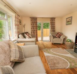 A living room with sofas a wood burning stove and a rug at New Peny in Llandrindod Wells
