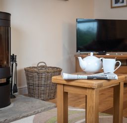A living room with a wooden table holding a teapot cup and newspaper near a black stove basket and television at New Peny in Llandrindod Wells