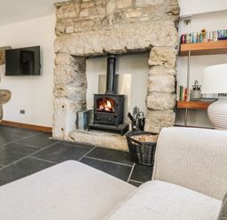 A living room with a stone fireplace and wood burning stove a basket of logs a wall mounted TV shelves with books and a white lamp at Miner's Rest in Troon near Camborne