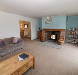 A living room with a sofa coffee table fireplace and bookshelf at Shatterford Lakes in Shatterford
