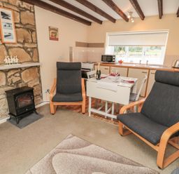 A small kitchen and dining area with two armchairs a stone wall with a heater and a window at Heron Cottage in Morpeth