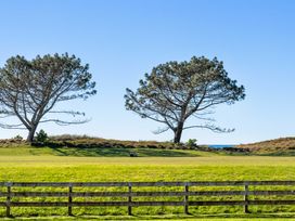 A view of two trees and a grassy field at The Sandcastle - Papamoa Holiday Apartment in Papamoa