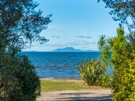 A view of water and mountains from a grassy shore at Kingfisher - Kuratau Holiday Home Kuratau