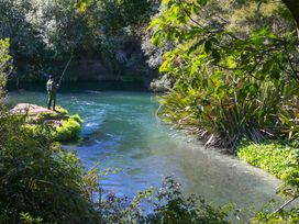 A fisherman standing by the river at Bellbird Cottage - Lake Taupo Bach in Waitahanui