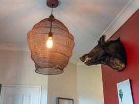 A light fixture and a boar head mounted on a wall at Lake Magic - Motuoapa Holiday Home in Motuoapa
