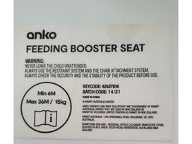 A label for an anko feeding booster seat with safety warnings and manufacturer details