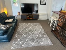 A living room with sofa, television, rug, and fireplace at Fiordland Hideaway - Te Anau