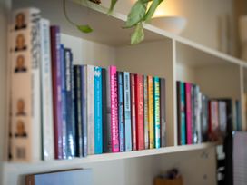 A shelf with various books and a plant at Te anau holiday home Te Anau