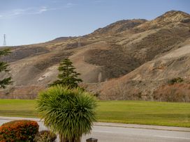 A view of mountains and grassland with electric poles at Cromwell Holiday Home in Cromwell